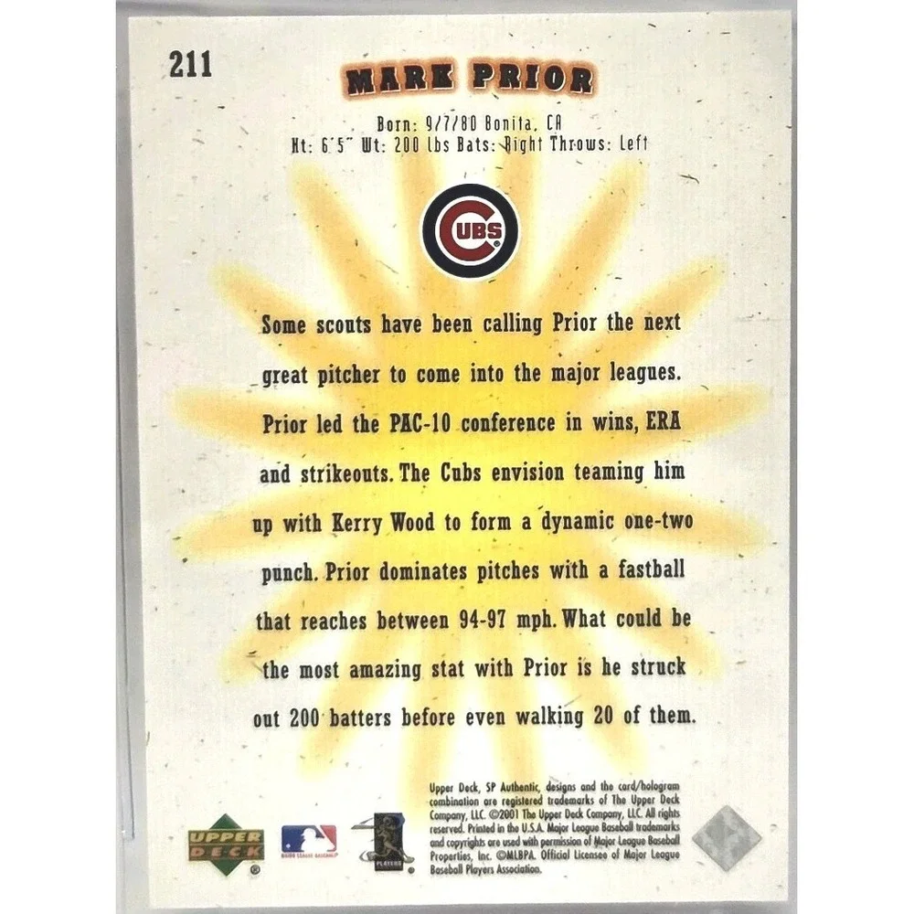 2001 SP Authentic - Future Watch Mark‎ Prior #211  #/1500 (RC) BGS 9 MINT Rookie